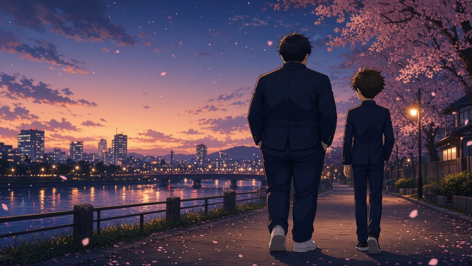 Koji and Taku walking along a Fukuoka riverside at dusk