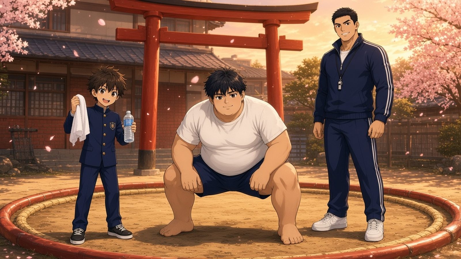 Koji, Taku and Omura Sensei at the school sumo ring